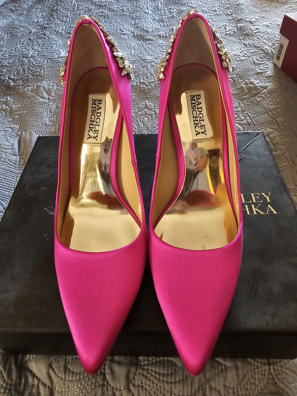 Badgley Mischka Fuchsia Satin Crystal-Embellished Pointed-Toe Pumps - Picture 3 of 7